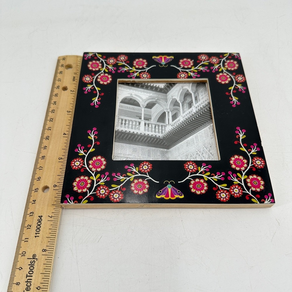World Market Floral Butterfly Wood Picture Frame Black Pink Folk Art 6.5x6.5 - Picture 6 of 7